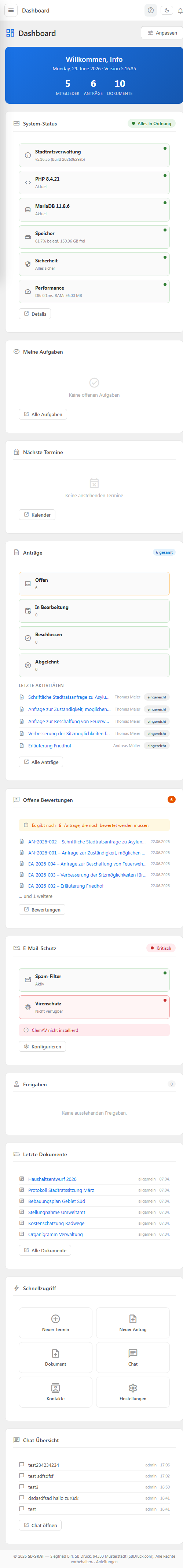 SB-Stadtrat Dashboard mit Kennzahlen, Anträgen und Aufgaben